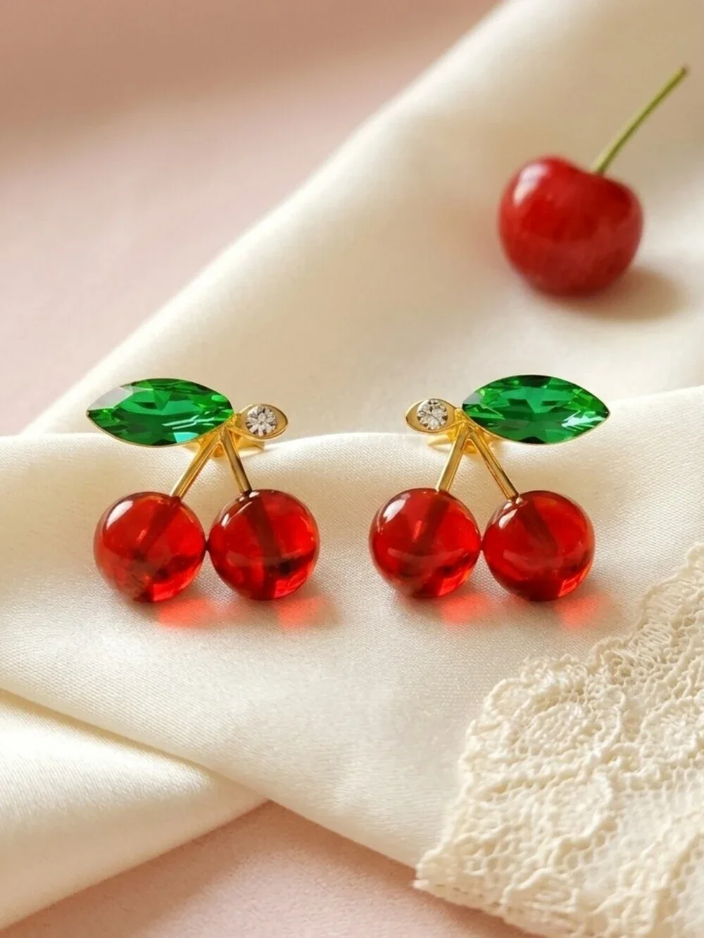 Red Cherry Acrylic Stud Earrings Gold Tone 925 Silver Post Coquette Coconut Girl